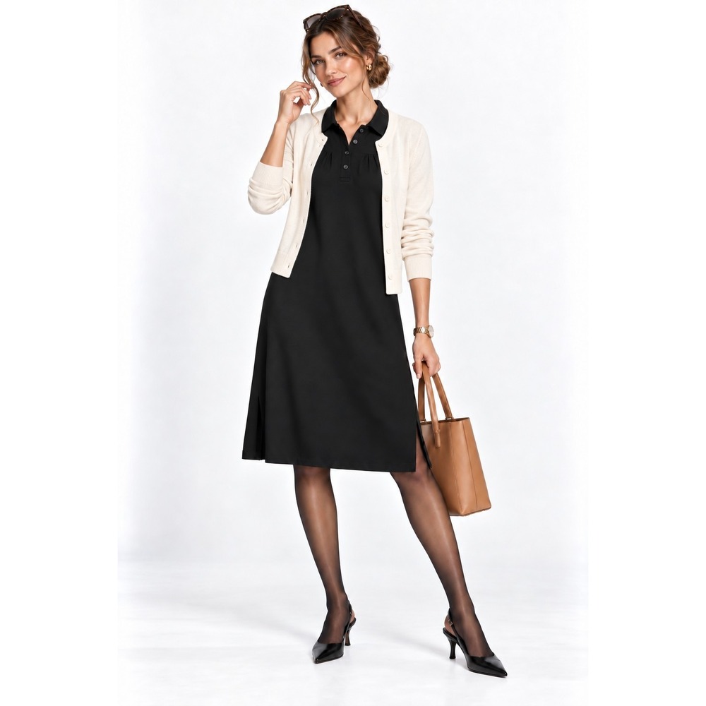 Y2K Isaac Mizrahi Black Polo Midi Dress S Minimalist Mod 3/4 Sleeve Office Chic